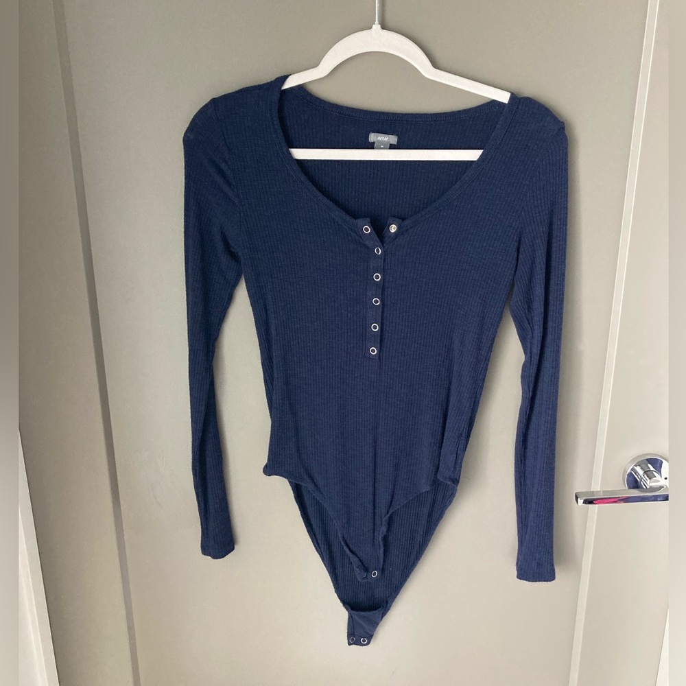 Ribbed Long-Sleeve Navy Henley Bodysuit